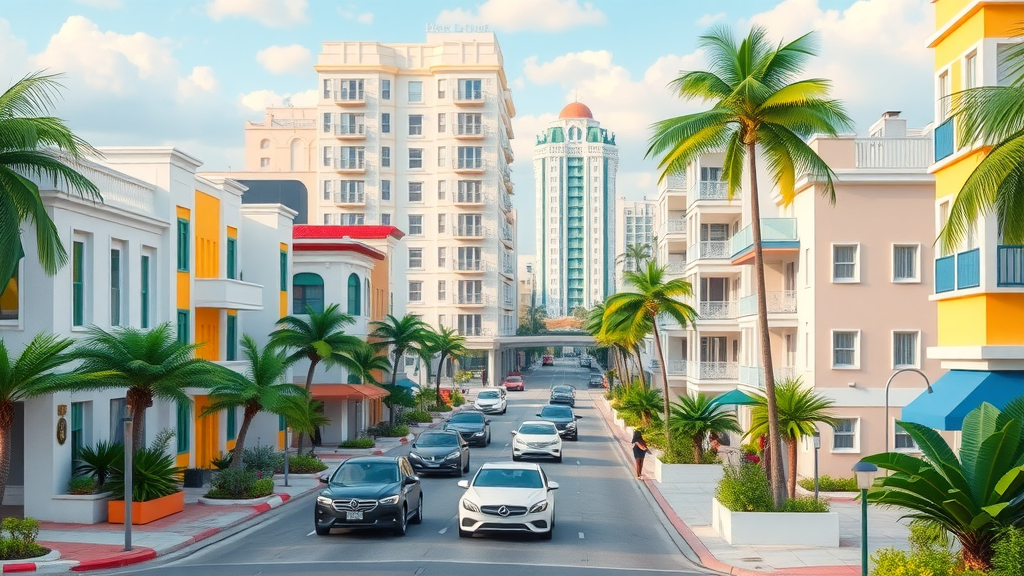 charming Miami neighborhood with diverse architecture, Miami properties on clean streets with lush greenery, highly detailed morning light