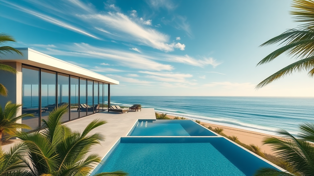 Modern luxury Newport Beach home with ocean view, glass walls, palm garden.