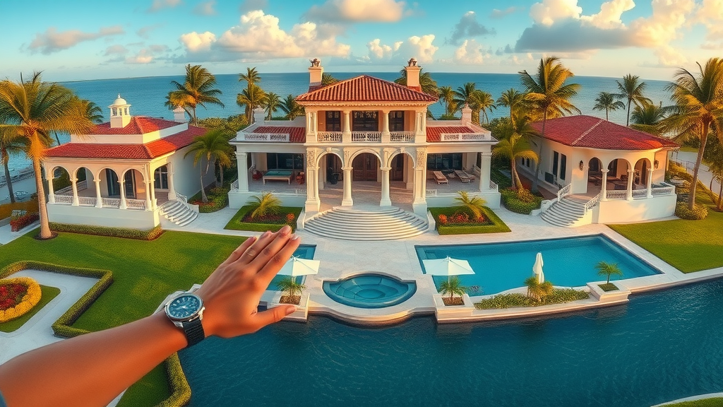 luxurious Miami estate, prestigious, Miami properties surrounded by waterfront views, manicured gardens, highly detailed golden afternoon