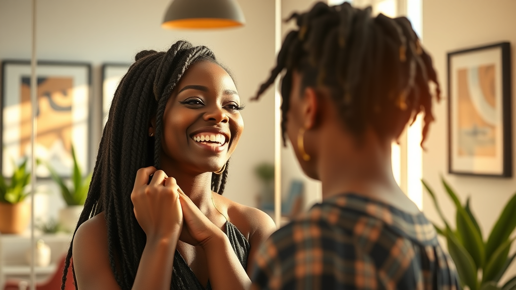 Woman admires her stylish crochet twists in a sunlit modern hair salon