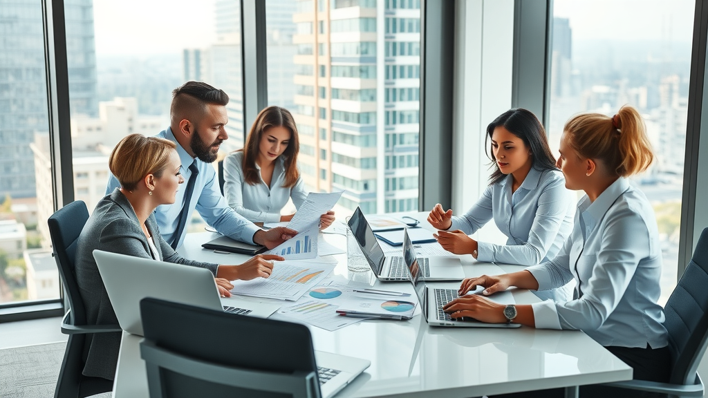 Home buying services team collaborating on market insights in modern office