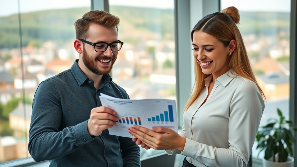 confident small business owners in Monmouthshire reviewing data charts together, collaborating around a digital tablet for social media marketing Monmouthshire, teamwork and growth in a modern office.