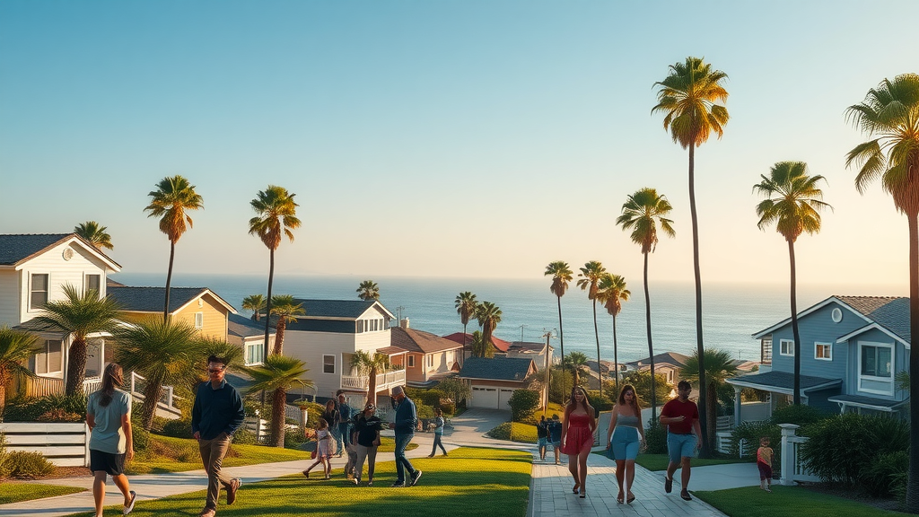 Diverse Orange County homes and families in a palm-lined coastal neighborhood