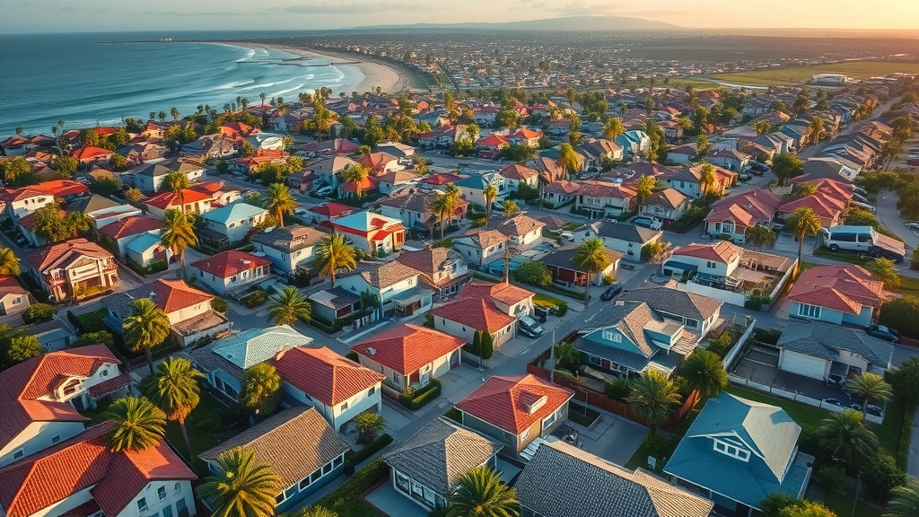 Home valuation services showing Orange County neighborhood from above with value analytics