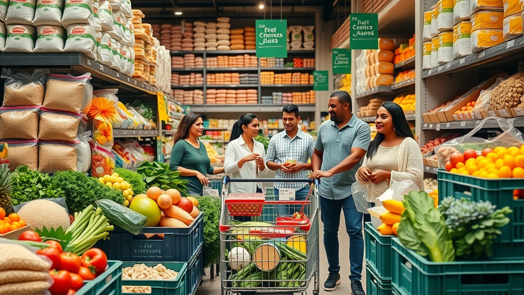 Modern grocery with bulk fresh foods and shoppers exploring whole sale foods