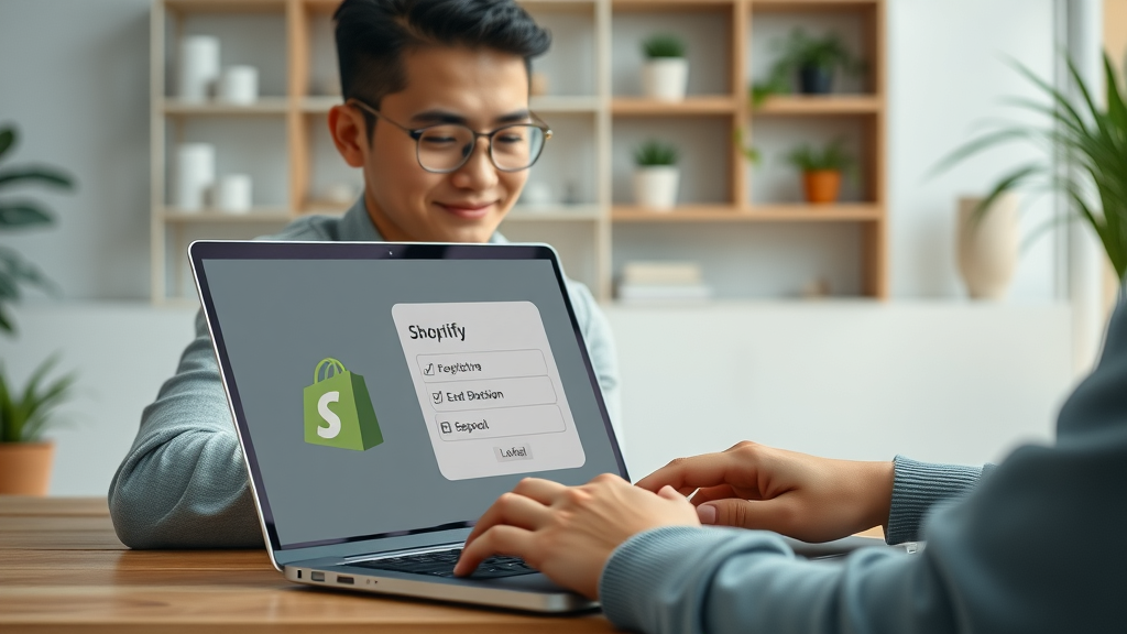 Person registering for Shopify free trial on laptop in modern workspace, entering email and smiling.
