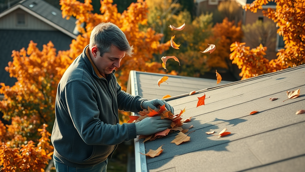 Homeowner clearing leaves from gutters for roof maintenance staten island fall upkeep