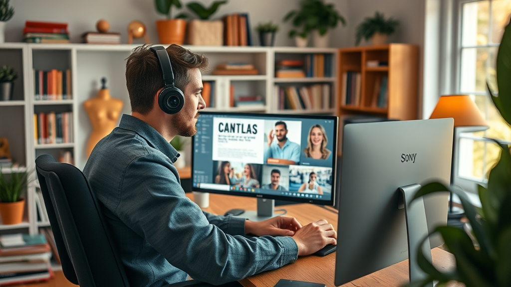 Professional content creator multitasking by transforming a blog post into video and social media graphics across multiple devices