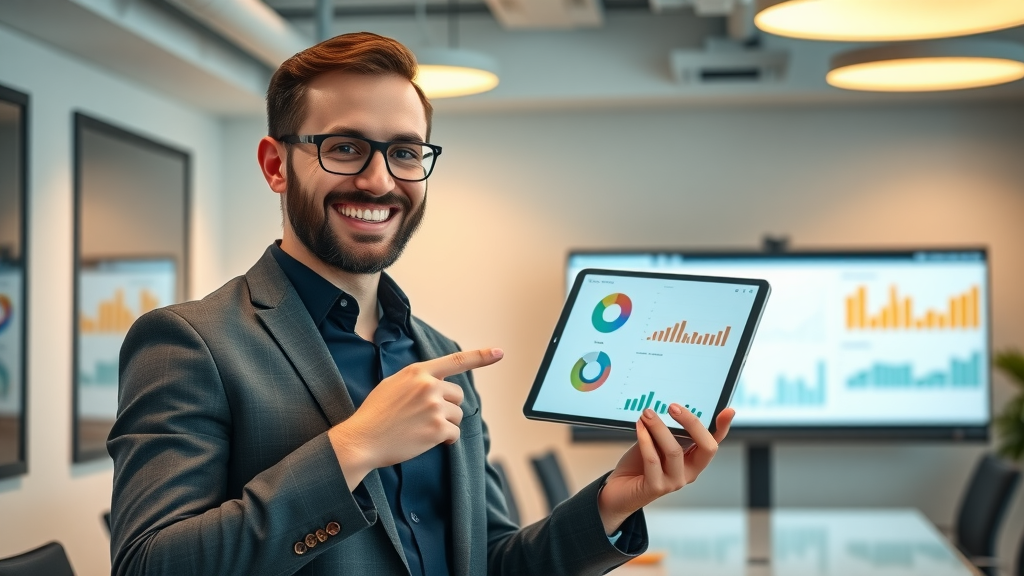Marketing executive presenting SEO analytics report with data visualizations