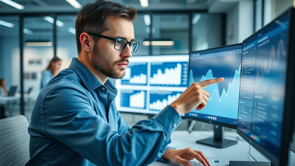 professional marketer analysing digital marketing analytics consistency results in Monmouthshire, modern workspace and glowing charts, focused team evaluating graph on screen
