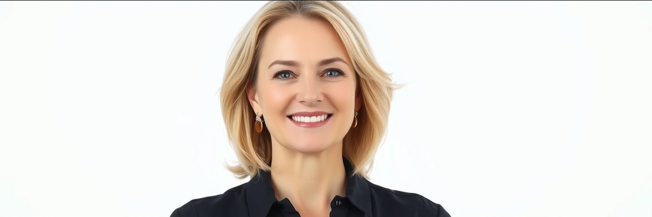 Professional portrait of woman in black shirt for luxury Newport Beach homes.