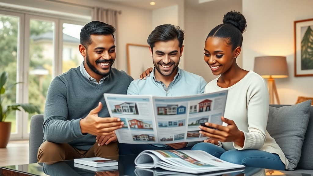 Diverse couple exploring home buying services with agent in modern living room