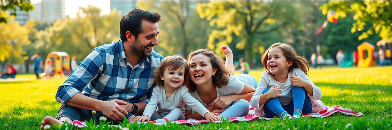 Multicultural family enjoys affordable family fun in a sunlit local park.
