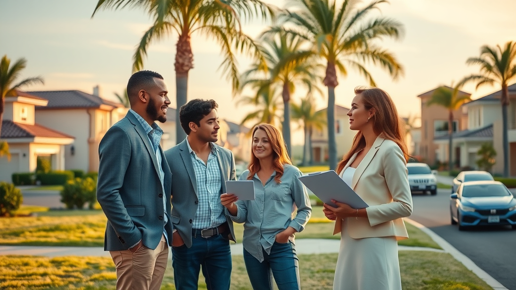 Orange County realty expert guides homebuyers in upscale sunny neighborhood