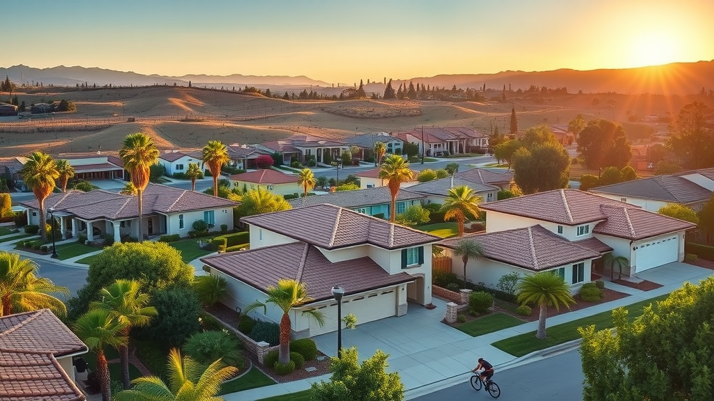 Panoramic Orange County homes with lush gardens and sunrise lighting