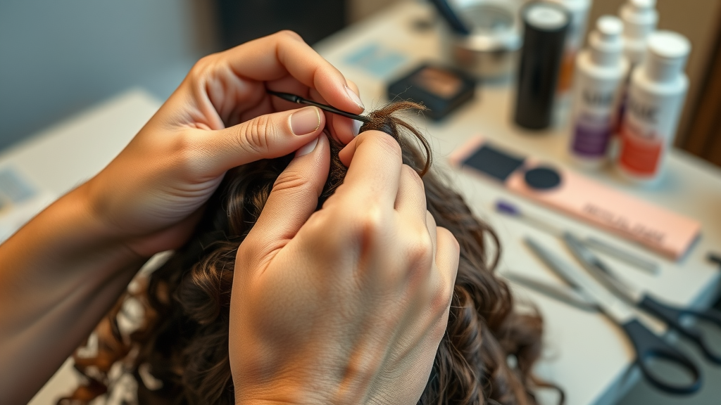 Close-up of hair crochet technique being applied with precision and care