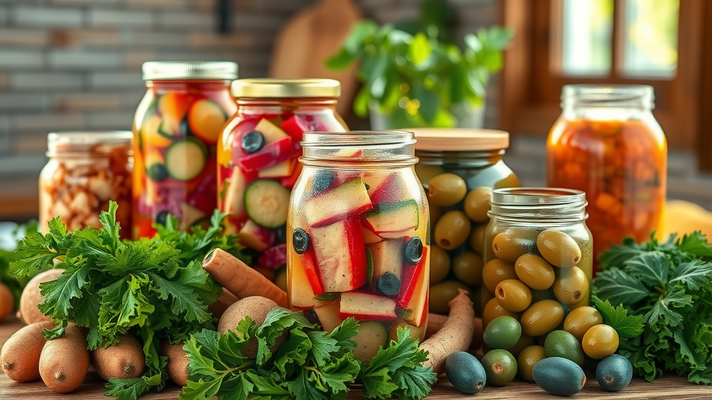 Assorted probiotic fermented food jars on farmhouse kitchen table in morning light
