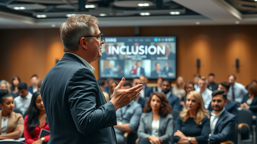 motivated business leader presents dei strategy to diverse workplace, positive inclusive energy, conference room interactions