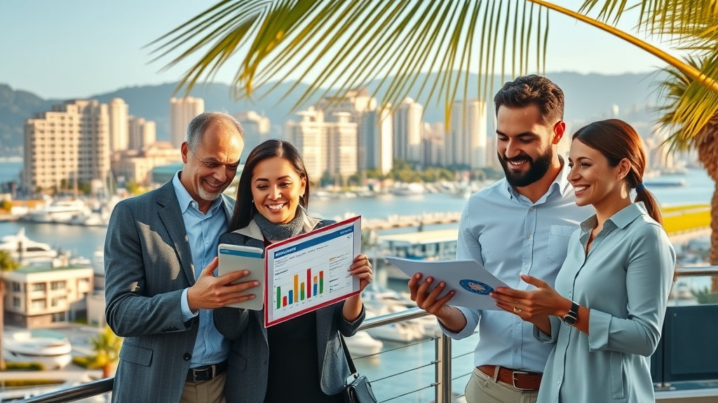 Real estate market agents in Newport Beach reviewing property trend data outdoors