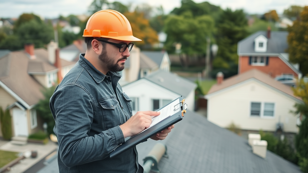 staten island roofing services professional Staten Island roofer inspecting a residential roof in Staten Island neighborhood, standing on rooftop with clipboard, surrounded by houses and trees, lifelike, natural color, daylight