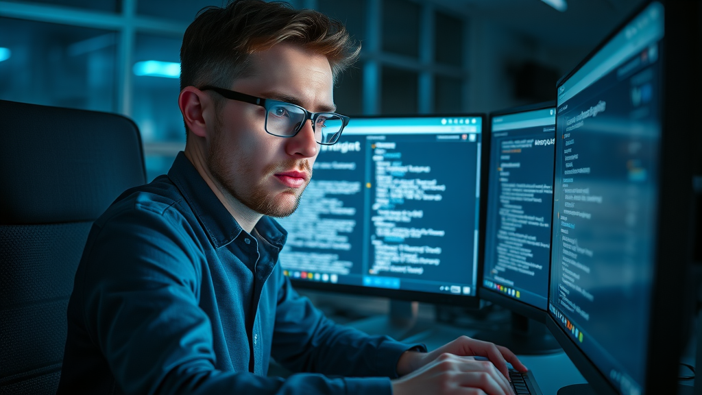 focused SEO expert researching link building strategies on resource pages, night workspace monitors