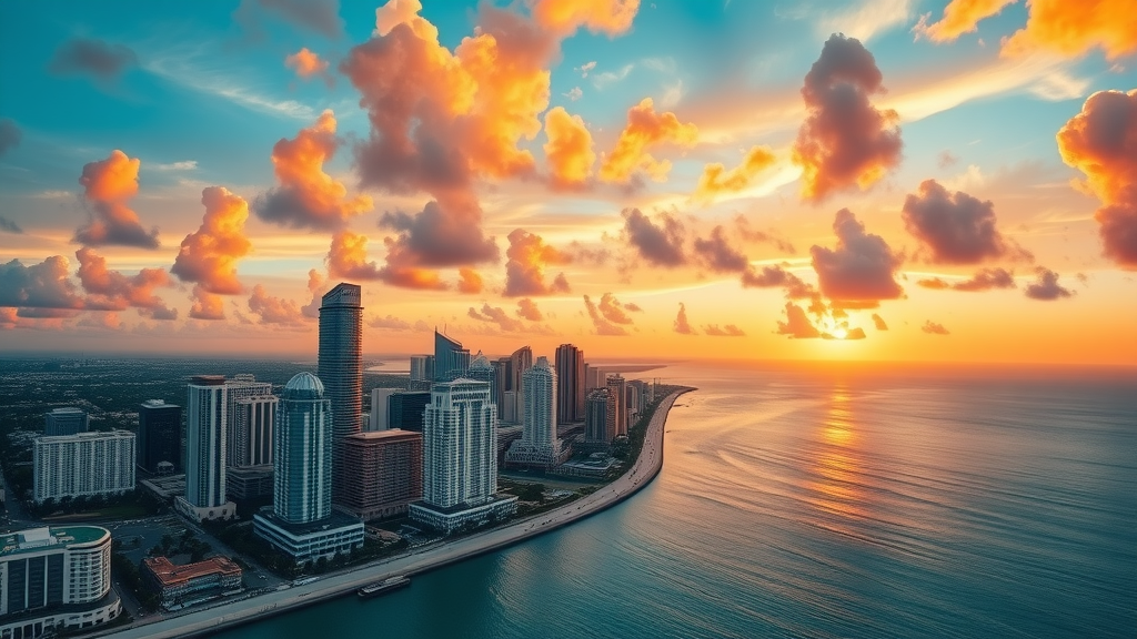 breathtaking Miami skyline at sunset, vibrant, enhancing the allure of the city, Miami properties with city skyline and ocean, highly detailed golden hour