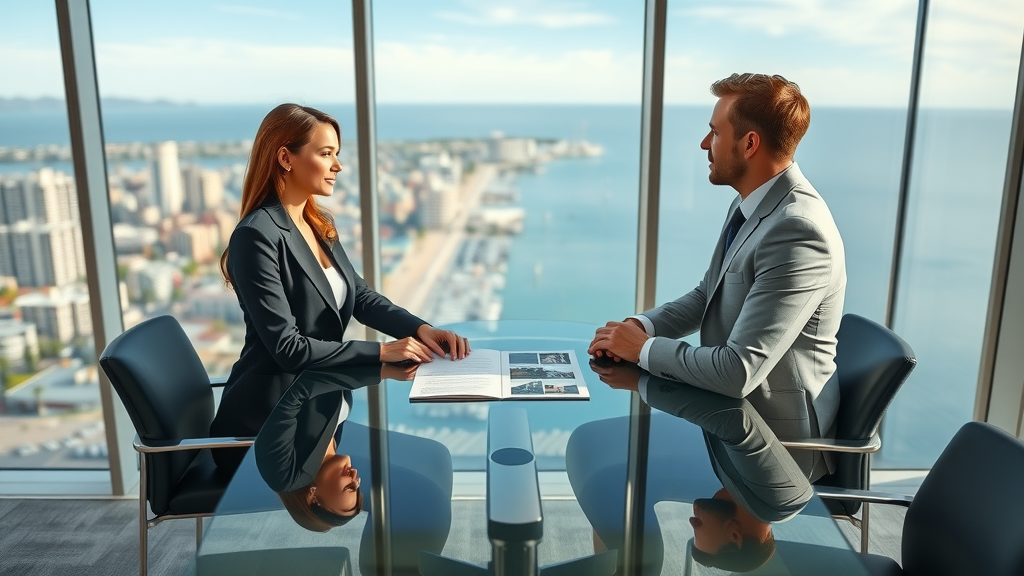 Real estate negotiation professionals discussing deals in Newport Beach office
