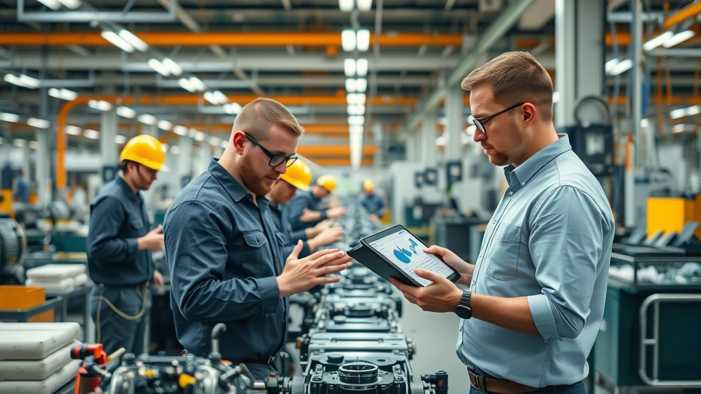 Team assembling equipment on a modern factory floor, financially empowered by equipment financing for startups.