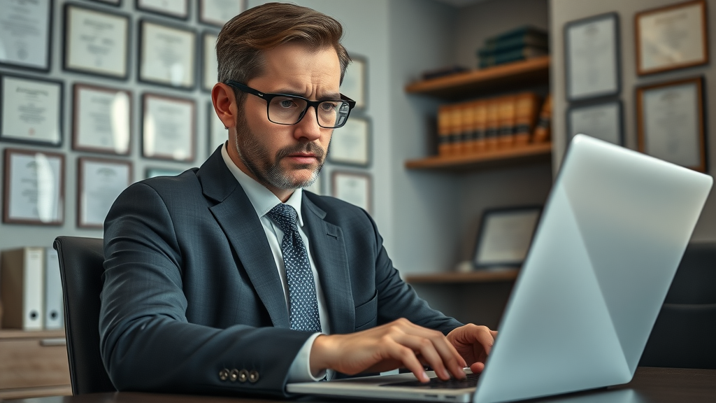Lawyer reviewing digital duplicate content case files to ensure SEO content is legally compliant and original