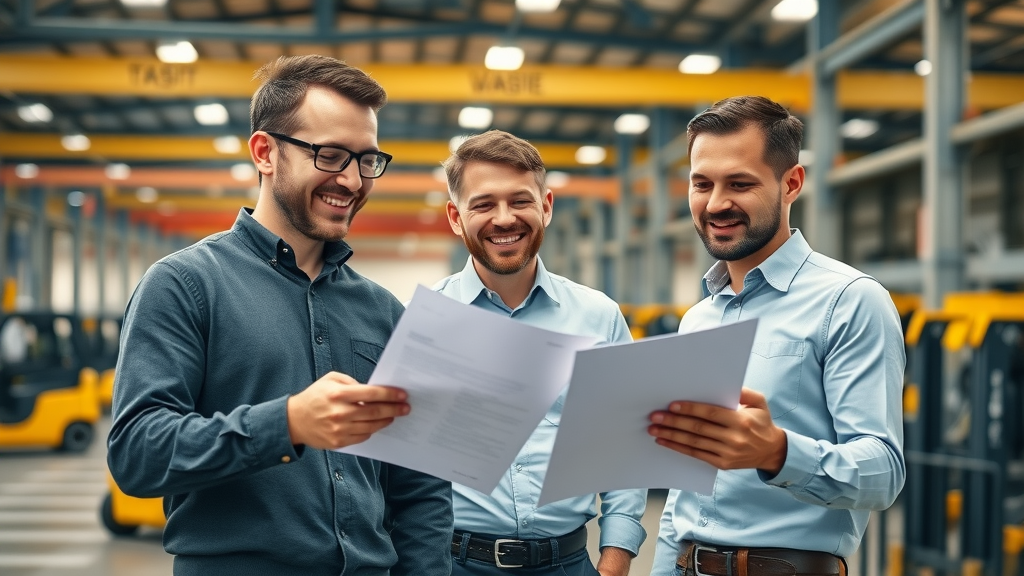 Entrepreneurs review new machinery in warehouse after securing business equipment loan