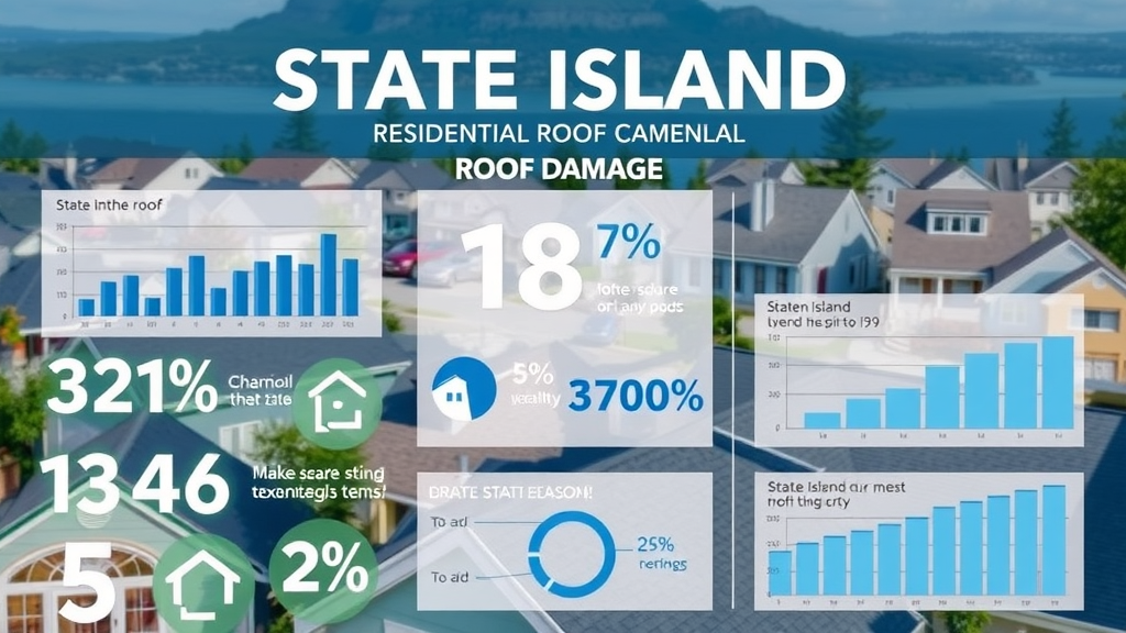 Photorealistic infographic showing Staten Island residential roof damage statistics with homes and roof elements, professional data visualization, blue and gray, natural daylight