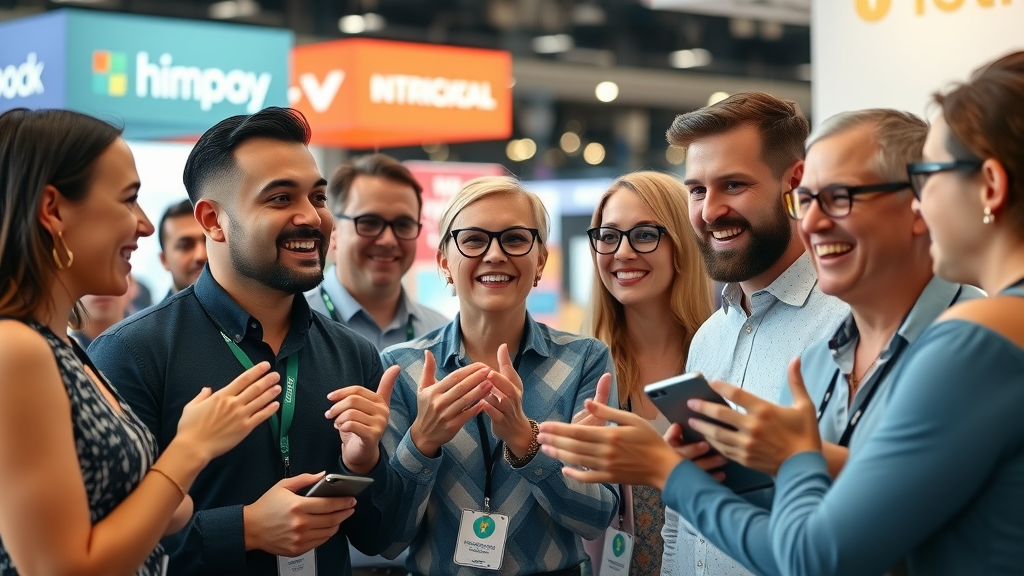 motivated customers interacting with a product demo at a live expo event, cheerful audience engagement, animated gestures, vibrant company branding