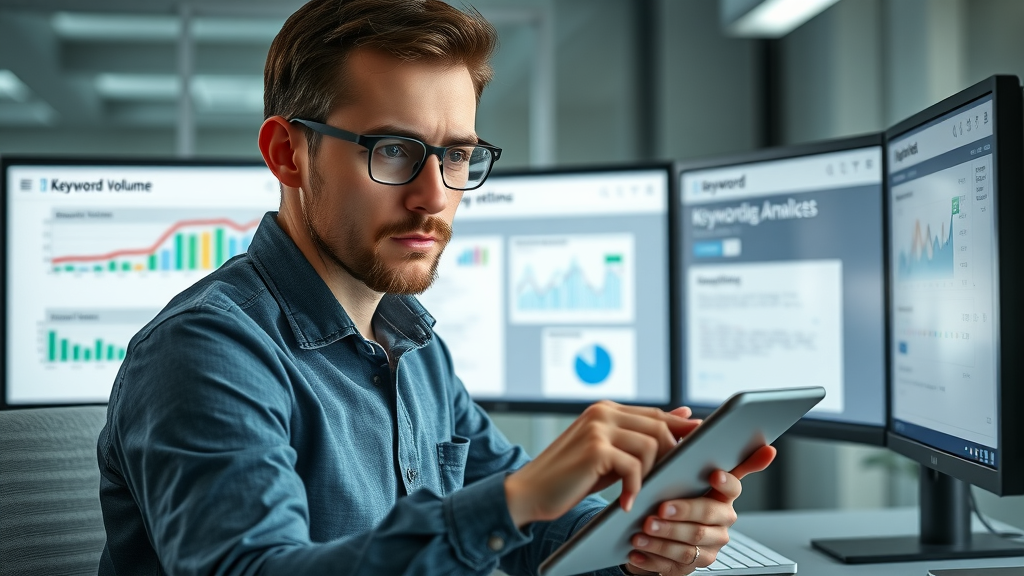 Marketer using keyword research tool to apply SEO techniques to blog posts.