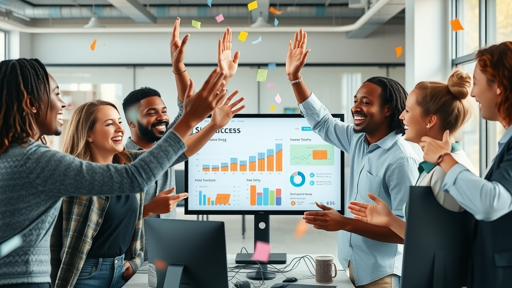 celebratory diverse team, high-fiving over dei training and inclusive workplace achievements, success dashboard in background