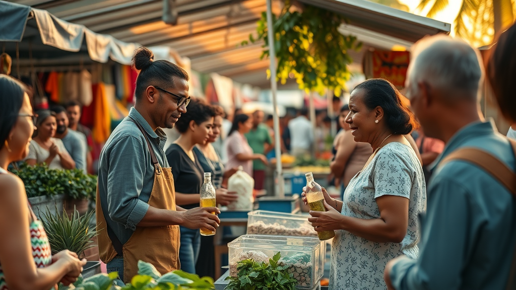 Vibrant local market with entrepreneurs engaging community, empowering local entrepreneurs through community engagement, colorful stalls, open-air, golden hour lighting