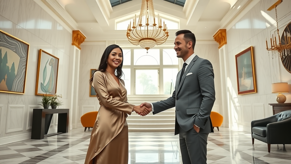 Affluent buyers closing luxury real estate sale in grand stylish home foyer.