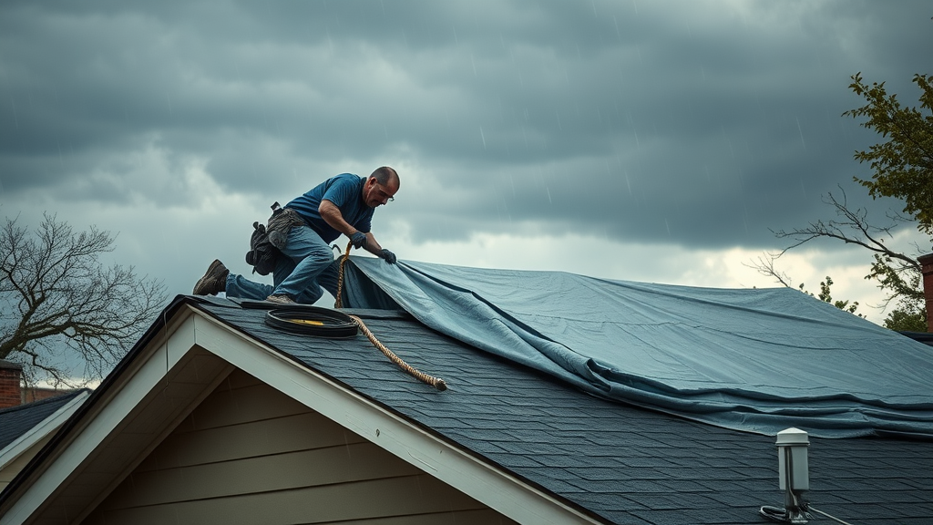 emergency roof repair staten island team installing tarps during stormy conditions