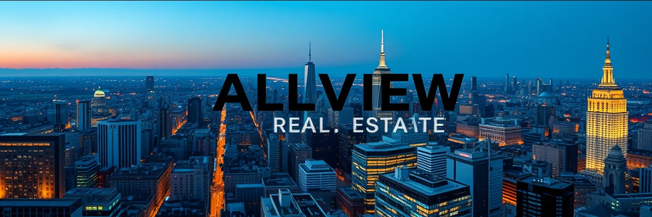 City skyline at night with Allview Real Estate branding for multi-family property management.
