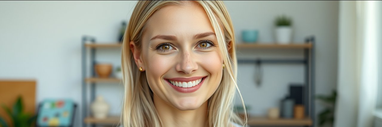 Cheerful blonde woman representing local cleaning service with bright smile