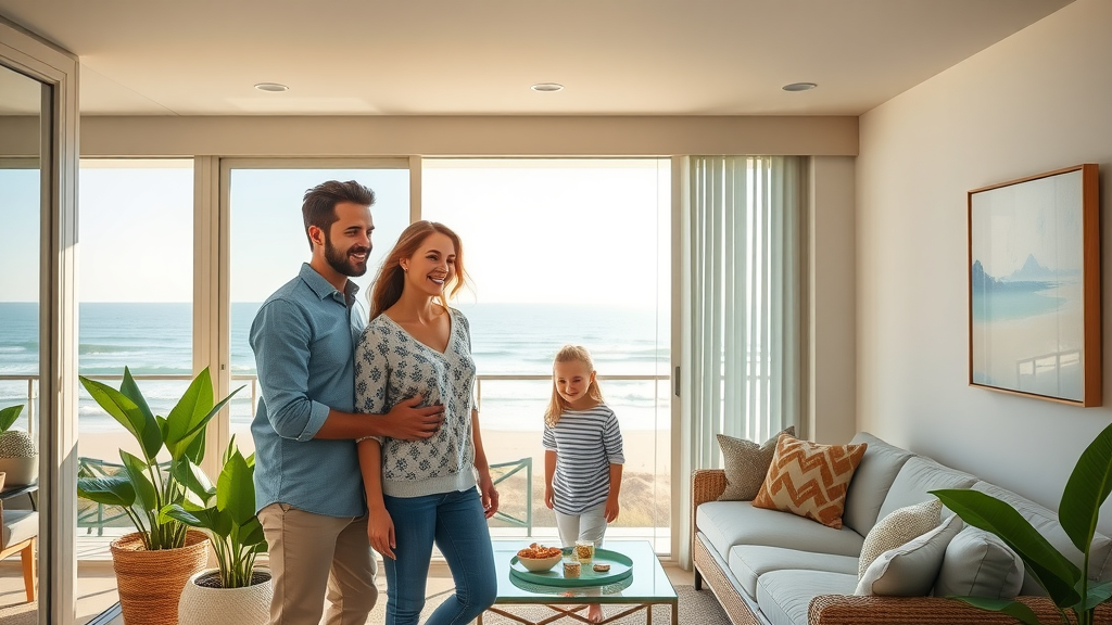 Happy family in luxury Huntington Beach real estate home overlooking Pacific Ocean