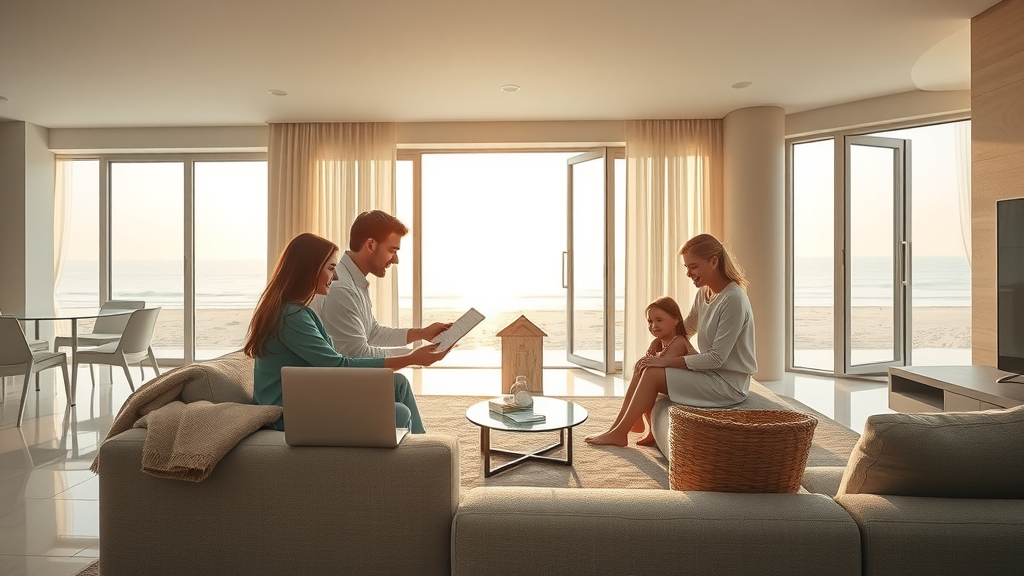 Luxury beachfront condo family tracking real estate market trends online