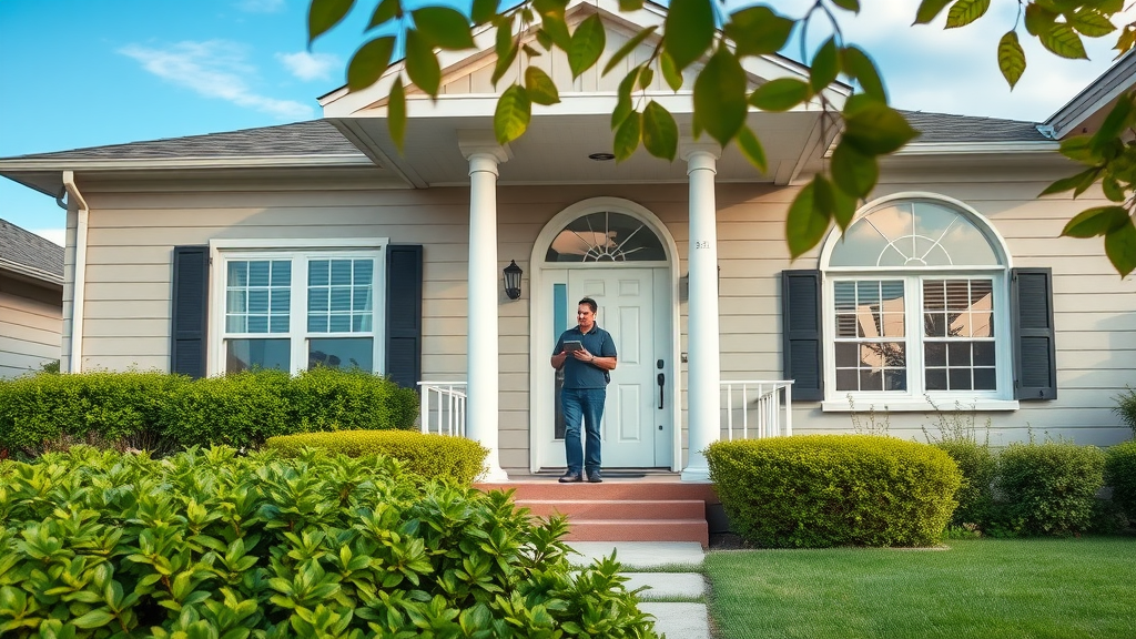 Modern suburban home exterior; homeowner using tablet to search for home service blog for general contractor