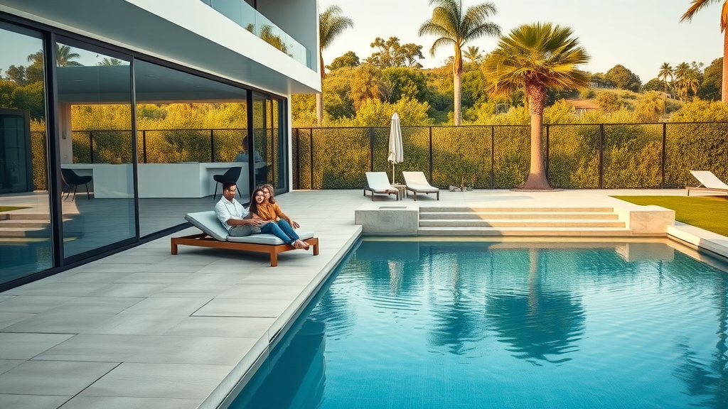Modern Huntington Beach luxury home with pool, family, and lush landscape view.