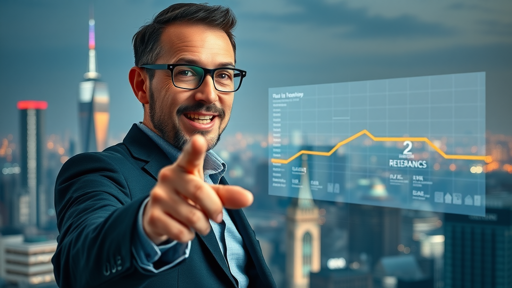 Visionary entrepreneur pointing at a futuristic business plan for 2025 roadmap against a city skyline