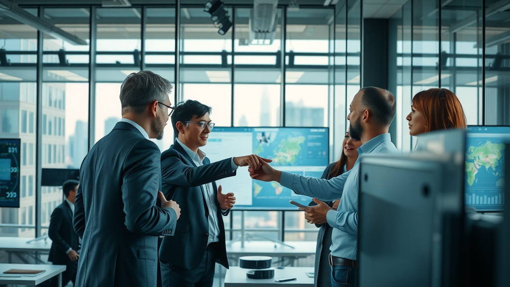 Building media infrastructure: confident professionals planning strategy in modern media headquarters