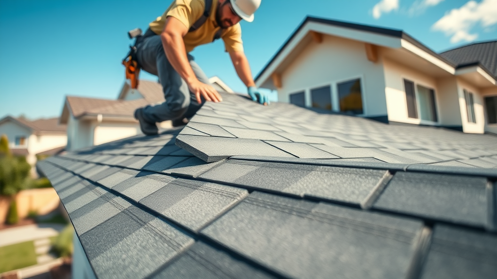 Roofer installing new roofing material; exterior upgrade for home service blog for general contractor
