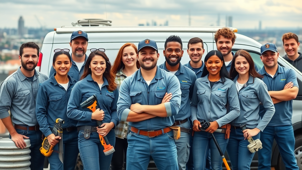 diverse team of professional roofers, ready for roof replacement staten island, standing by company van, Staten Island cityscape background, reliable roofing company