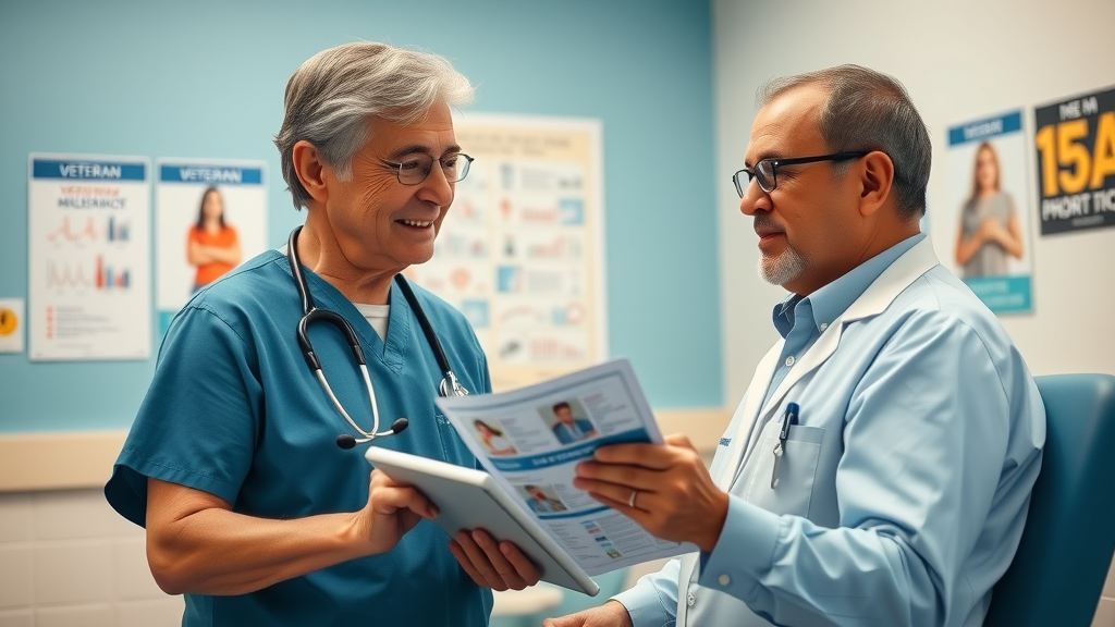 compassionate VA healthcare professional showing a digital chart to a veteran discussing secondary conditions common to VA claims