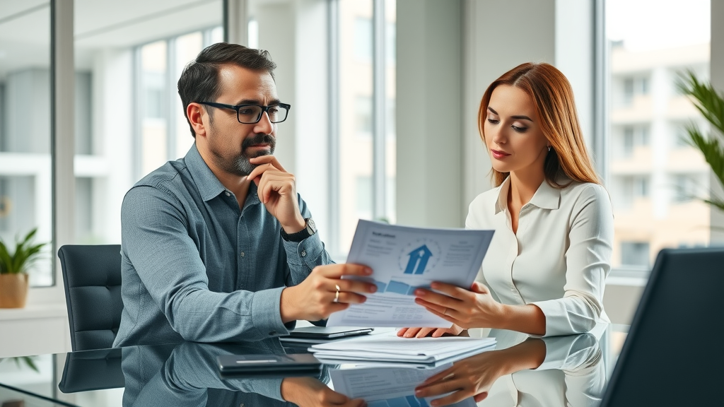 Home valuation services explained by agent to homeowner inside bright professional office