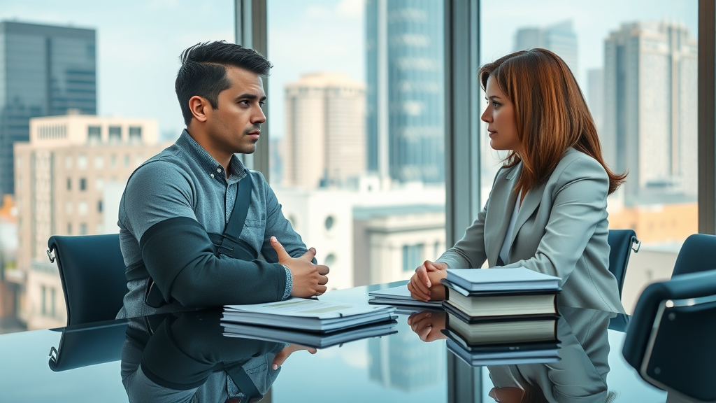 Injured client consulting for personal injury law guidance in firm